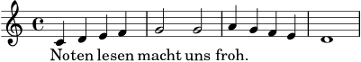 \version "2.24.0"
\header { tagline = "" }
melodie = \relative c' { \clef treble \key c \major \time 4/4 c4 d e f | g2 g2 | a4 g f e | d1 }
text = \lyricmode { No -- ten le -- sen macht uns froh. }
\score {
<<
\new Staff { \new Voice = "mel" { \melodie } }
\new Lyrics \lyricsto "mel" { \text }
>>
\layout { }
\midi { \tempo 4 = 92 }
}