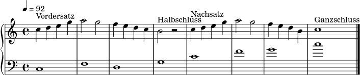 upper = \relative c'' {
\clef treble \key c \major \time 4/4 \tempo 4 = 92
c4^\markup { "Vordersatz" } d e g | a2 g |
f4 e d c | b2^\markup { "Halbschluss" } r2 |
c4^\markup { "Nachsatz" } d e g | a2 g |
f4 e d b | c1^\markup { "Ganzschluss" } \bar "|."
}
lower = \relative c {
\clef bass \key c \major \time 4/4
c1 | f | d | g | c | f | g | c
}
\score {
\new PianoStaff <<
\new Staff = "upper" \upper
\new Staff = "lower" \lower
>>
\layout { }
\midi { }
}