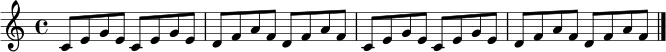 \relative c' { \key c \major \time 4/4 c8 e g e c e g e | d f a f d f a f | c e g e c e g e | d f a f d f a f \bar "|." }