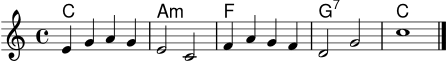
\score {
  <<
    \new ChordNames \chordmode { c1 a:m f g:7 c }
    \new Staff \relative c' {
      \clef treble
      \key c \major
      \time 4/4
      e4 g a g | e2 c | f4 a g f | d2 g | c1 \bar "|."
    }
  >>
  \layout { }
  \midi { \tempo 4 = 78 }
}
