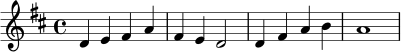 \transpose c d {
\clef treble
\key c \major
\time 4/4
c'4 d' e' g' | e'4 d' c'2 | c'4 e' g' a' | g'1
}