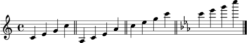 \relative c' {
\time 4/4
\key c \major
c4 e g c
\bar "||"
\key a \minor
a,4 c e a
\bar "||"
\key c \major
c4 e g c
\bar "||"
\key c \minor
c4 es g c
\bar "|."
}
