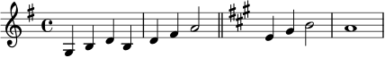 \relative c' {
\time 4/4
\key g \major
g4 b d b |
d4 fis a2 |
\bar "||"
\key a \major
e4 gis b2 |
a1 |
}