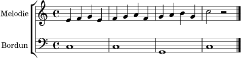 \version "2.24.0"
\score {
\new ChoirStaff <<
\new Staff \with { instrumentName = "Melodie" } \relative c' {
\clef treble
\key c \major
\time 4/4
e4 f g e | f g a f | g a b g | c2 r2 \bar "|."
}
\new Staff \with { instrumentName = "Bordun" } \relative c {
\clef bass
\key c \major
\time 4/4
c1 | c1 | g1 | c1 \bar "|."
}
>>
\layout { }
\midi { \tempo 4 = 80 }
}