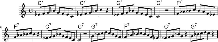 \version "2.22.0"
\score {
<<
\new ChordNames \chordmode { c1:7 c1:7 c1:7 c1:7 f1:7 f1:7 c1:7 c1:7 g1:7 f1:7 c1:7 g1:7 }
\new Staff \relative c' { \clef treble \key c \major \time 4/4 ees8 f g bes g f ees c | ees8 f g bes c4 r4 | ees,8 f g bes g f ees c | c2 r2 | f8 aes bes c bes aes f ees | f8 aes bes c bes4 r4 | ees,8 f g bes g f ees c | c2 r2 | g'8 bes c d c bes g f | f8 aes bes c bes aes f ees | ees8 f g bes g4 r4 | g8 bes c d c4 r4 \bar "|." }
>>
\layout { }
\midi { }
}