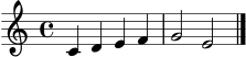 \version "2.24.0"
\score {
\new Staff \relative c' {
\clef treble
\key c \major
\time 4/4
c4 d4 e4 f4 | g2 e2 \bar "|."
}
\layout { }
\midi { \tempo 4 = 92 }
}