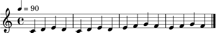 \relative c' { \tempo 4 = 90 \clef treble \key c \major \time 4/4 c4 d e d | c4 d e d | e4 f g f | e4 f g f | \bar "|." }