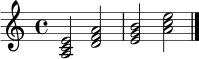 \relative c' {
\key a \minor
\time 4/4
<a c e>2 <d f a>2
<e g b>2 <a c e>2
\bar "|."
}