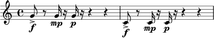 \relative c'' {
\time 4/4
g8->\f r8 g16\mp r16 g16\p r16 r4 r4 |
c,8->\f r8 c16\mp r16 c16\p r16 r4 r4 |
}