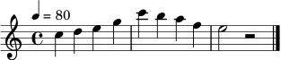 \relative c'' {
\clef treble
\key c \major
\time 4/4
\tempo 4 = 80
c4 d e g | c4 b a f | e2 r2
\bar "|."
}