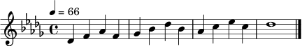 \relative c' {
\key des \major
\time 4/4
\tempo 4 = 66
des4 f as f |
ges4 bes des bes |
as4 c es c |
des1 \bar "|."
}