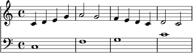 \version "2.24.0"
\score {
<<
\new Staff \relative c' {
\clef treble
\key c \major
\time 4/4
c4 d e g | a2 g2 | f4 e d c | d2 c2
}
\new Staff \relative c {
\clef bass
\key c \major
\time 4/4
c1 | f1 | g1 | c1
}
>>
\layout { }
\midi { }
}