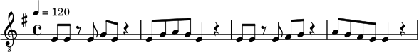 \relative e {
\clef "treble_8"
\key e \minor
\time 4/4
\tempo 4 = 120
e8 e r e g e r4 |
e8 g a g e4 r4 |
e8 e r e fis g r4 |
a8 g fis e e4 r4 |
}