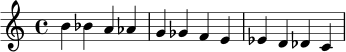 \relative c'' { b4 bes a aes g ges f e es d des c }
