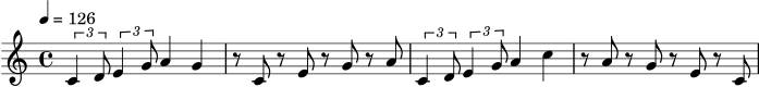 \version "2.20.0"
\score {
\new Staff \relative c' {
\set Staff.midiInstrument = "acoustic grand"
\clef treble
\key c \major
\time 4/4
\tempo 4 = 126
\tuplet 3/2 { c4 d8 } \tuplet 3/2 { e4 g8 } a4 g |
r8 c, r e r g r a |
\tuplet 3/2 { c,4 d8 } \tuplet 3/2 { e4 g8 } a4 c |
r8 a r g r e r c |
}
\layout { }
\midi { }
}