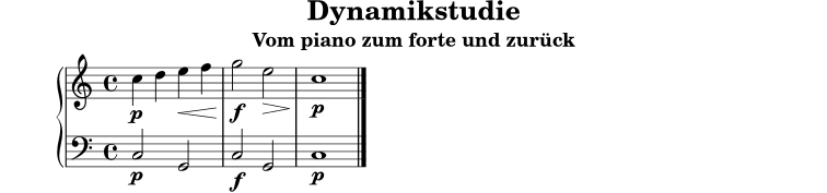 \version "2.24.0"
\header {
title = "Dynamikstudie"
subtitle = "Vom piano zum forte und zurück"
tagline = ##f
}
upper = \relative c'' {
\clef treble
\time 4/4
c4\p d e\< f |
g2\f e\> |
c1\p \bar "|."
}
lower = \relative c {
\clef bass
c2\p g |
c2\f g |
c1\p
}
\score {
\new PianoStaff <<
\new Staff = "rechts" \upper
\new Staff = "links" \lower
>>
\layout { }
\midi { \tempo 4 = 72 }
}