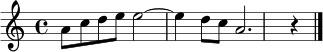 \relative c'' { \set Staff.midiInstrument = "overdriven guitar" \key a \minor \time 4/4 a8 c d e e2~ e4 d8 c a2. r4 \bar "|." }