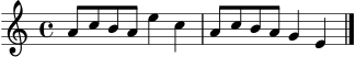 \score {
\new Staff {
\clef treble
\key a \minor
\time 4/4
a'8 c'' b' a' e''4 c'' a'8 c'' b' a' g'4 e' \bar "|."
}
\layout { }
\midi { \tempo 4 = 92 }
}