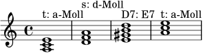 \language "deutsch"
\relative c' {
\clef treble
\key a \minor
<a c e>1^\markup { "t: a-Moll" }
<d f a>1^\markup { "s: d-Moll" }
<e gis h d>1^\markup { "D7: E7" }
<a c e>1^\markup { "t: a-Moll" }
}