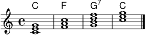 
\score {
  <<
    \new ChordNames \chordmode { c1 f g:7 c }
    \new Staff \relative c' {
      \clef treble
      \key c \major
      \time 4/4
      <c e g>1 | <f a c> | <g b d f> | <c e g> \bar "|."
    }
  >>
  \layout { }
  \midi { \tempo 4 = 78 }
}
