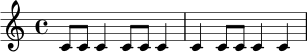 \relative c' {
\time 4/4
c8 c c4 c8 c c4 |
c4 c8 c c4 c |
}