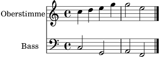 \version "2.22.0"
sopran = \relative c'' { c4 d e g | g2 e | }
bass = \relative c { c2 g | a f | }
\score {
<<
\new Staff \with { instrumentName = "Oberstimme" } {
\clef treble
\time 4/4
\sopran
\bar "|."
}
\new Staff \with { instrumentName = "Bass" } {
\clef bass
\time 4/4
\bass
\bar "|."
}
>>
\layout { }
\midi { }
}