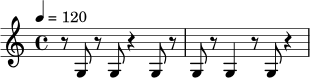 \relative c' {
\time 4/4
\tempo 4 = 120
r8 g8 r8 g8 r4 g8 r8 |
g8 r8 g4 r8 g8 r4 |
}