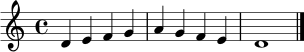 \relative c' { \key d \dorian \time 4/4 d4 e f g a g f e d1 \bar "|." }