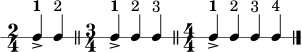 \version "2.22.0"
\paper { indent = 0\mm line-width = 135\mm }
\header { tagline = ##f }
\score {
\new RhythmicStaff {
\numericTimeSignature
\time 2/4
c'4->^\markup { \bold "1" } c'4^\markup { "2" } \bar "||"
\time 3/4
c'4->^\markup { \bold "1" } c'4^\markup { "2" } c'4^\markup { "3" } \bar "||"
\time 4/4
c'4->^\markup { \bold "1" } c'4^\markup { "2" } c'4^\markup { "3" } c'4^\markup { "4" } \bar "|."
}
\layout { }
\midi { \tempo 4 = 88 }
}