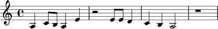 \relative c' {
\key a \minor
\time 4/4
a4 c8 b a4 e' |
r2 e8 e d4 |
c4 b a2 |
r1 |
}