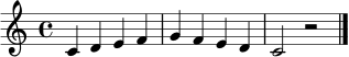 \relative c' { \clef treble \time 4/4 c4 d e f | g f e d | c2 r2 \bar "|." }