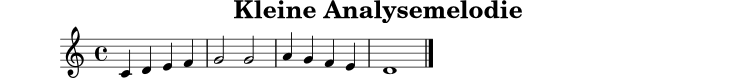 
X:1
T:Kleine Analysemelodie
M:4/4
L:1/4
K:C
C D E F | G2 G2 | A G F E | D4 |]
