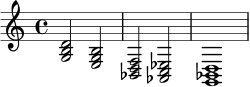 
\relative c' {
  \version "2.24.0"
  \time 4/4
  <g b d>2 <e g b>2 |
  <bes d f>2 <aes c ees>2 |
  <g bes d>1
}
