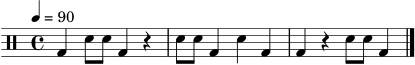 \version "2.18.2"
\paper { tagline = ##f }
\score {
\new DrumStaff \drummode {
\time 4/4
\tempo 4 = 90
bd4 sn8 sn bd4 r4 | sn8 sn bd4 sn4 bd4 | bd4 r4 sn8 sn bd4 \bar "|."
}
\layout { }
\midi { \tempo 4 = 90 }
}