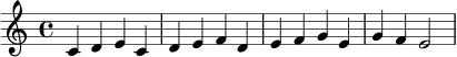 \relative c' { \clef treble \key c \major \time 4/4 c4 d e c | d e f d | e f g e | g f e2 | }
