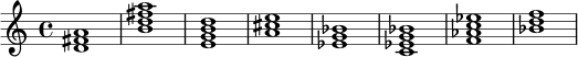 
\chordmode {
  \time 4/4
  d1 b:m7 e:m7 a1
  ees1 c:m7 f:m7 bes1
}
