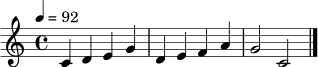 
\relative c' {
  \key c \major
  \time 4/4
  \tempo 4 = 92
  c4 d e g | d e f a | g2 c,2 \bar "|."
}
