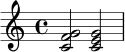 \relative c' {
\time 4/4
<c f g>2 <c e g>2
}