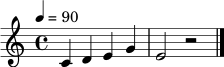 \relative c' {
\clef treble
\key c \major
\time 4/4
\tempo 4=90
c4 d e g | e2 r2 \bar "|."
}