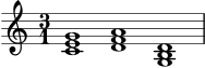 \version "2.20.0"
\header { tagline = "" }
\score {
\new Staff {
\clef treble
\key c \major
\time 3/1
<c' e' g'>1
<d' f' a'>1
<g b d'>1
}
\layout { }
\midi { \tempo 4=70 }
}