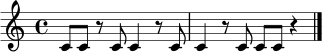 \version "2.24.0"
\relative c' {
\time 4/4
c8 c r8 c c4 r8 c | c4 r8 c c8 c r4 \bar "|."
}