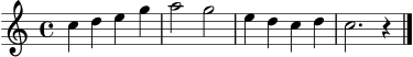 \version "2.22.0"
frage = \relative c'' { \key c \major \time 4/4 c4 d e g | a2 g2 | }
antwort = \relative c'' { e4 d c d | c2. r4 \bar "|." }
\score {
\new Staff {
\set Staff.midiInstrument = "flute"
\frage \antwort
}
\layout { }
\midi { \tempo 4=84 }
}