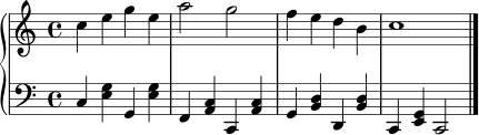 \score {
\new PianoStaff <<
\new Staff \relative c'' {
\clef treble
\key c \major
\time 4/4
c4 e g e | a2 g | f4 e d b | c1 \bar "|."
}
\new Staff \relative c {
\clef bass
\key c \major
\time 4/4
c4 <e g> g, <e' g> | f, <a c> c, <a' c> | g <b d> d, <b' d> | c, <e g> c2
}
>>
\layout { }
\midi { \tempo 4 = 112 }
}