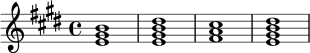 
\relative c' {
  \key e \major
  \time 4/4
  <e gis b>1 |
  <e gis b dis>1 |
  <fis a cis>1 |
  <e gis b dis>1 |
}
