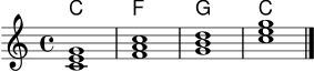 \version "2.22.0"
\paper { tagline = ##f }
\score {
<<
\new ChordNames \chordmode { c1 f g c }
\new Staff \relative c' {
\clef treble
\key c \major
\time 4/4
<c e g>1
<f a c>1
<g b d>1
<c e g>1
\bar "|."
}
>>
\layout { }
\midi { }
}