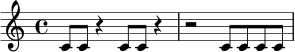 \relative c' {
\time 4/4
c8 c r4 c8 c r4 |
r2 c8 c c c |
}
