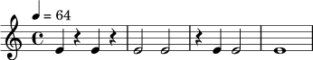 \relative c' {
\time 4/4
\tempo 4 = 64
e4 r e r |
e2 e |
r4 e e2 |
e1
}