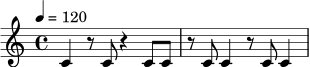 
\version "2.24.0"
\relative c' {
  \time 4/4
  \tempo 4 = 120
  c4 r8 c8 r4 c8 c8 |
  r8 c8 c4 r8 c8 c4 |
}
