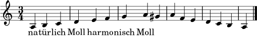 \relative c' { \clef treble \key a \minor \time 3/4 a4 b c d e f g a gis a f e d c b a \bar "|." }
\addlyrics { na -- tür -- lich Moll har -- mo -- nisch Moll }