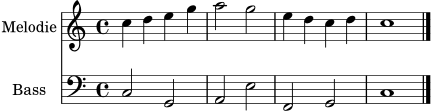 \version "2.24.0"
\score {
<<
\new Staff \with { instrumentName = "Melodie" midiInstrument = "flute" } { \clef treble \key c \major \time 4/4 c''4 d'' e'' g'' | a''2 g'' | e''4 d'' c'' d'' | c''1 \bar "|." }
\new Staff \with { instrumentName = "Bass" midiInstrument = "cello" } { \clef bass \key c \major \time 4/4 c2 g, | a, e | f, g, | c1 }
>>
\layout {}
\midi {}
}